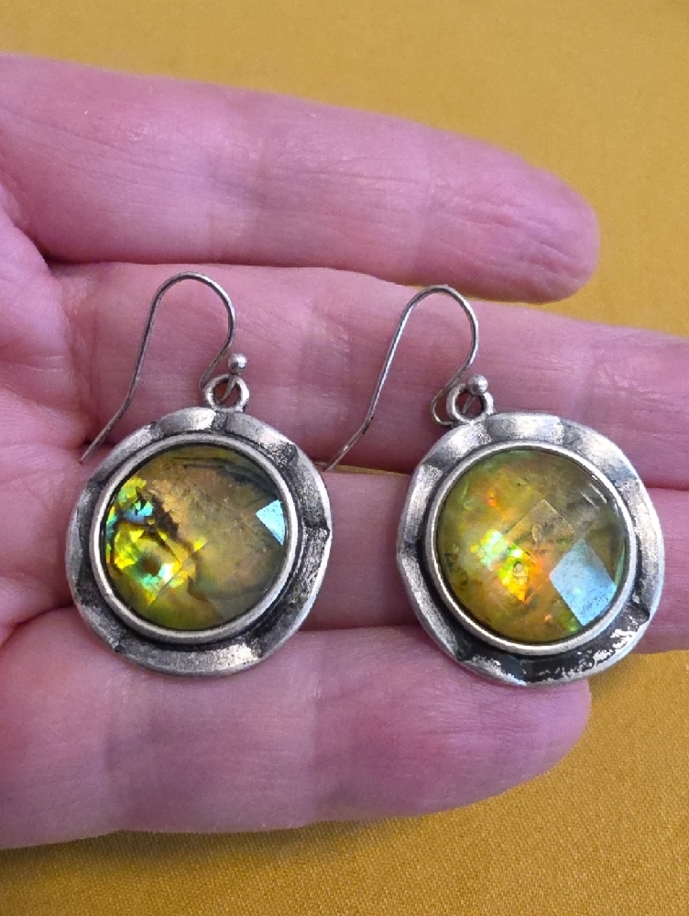 Pretty Iridescent Green and Blue  Faceted Stone Earrings In Silver-Tone Metal